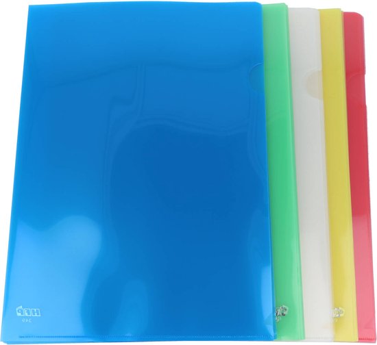 HFP L-mappen tranparant - verschillende kleuren insteekhoezen - A4 - 180mµ - 50 stuks - 10 stuks per kleur