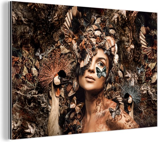 Wanddecoratie Metaal - Aluminium Schilderij Industrieel - Luxe - Vrouw - Dieren - Vlinders - Vogels - 60x40 cm - Dibond - Foto op aluminium - Industriële muurdecoratie - Voor de woonkamer/slaapkamer