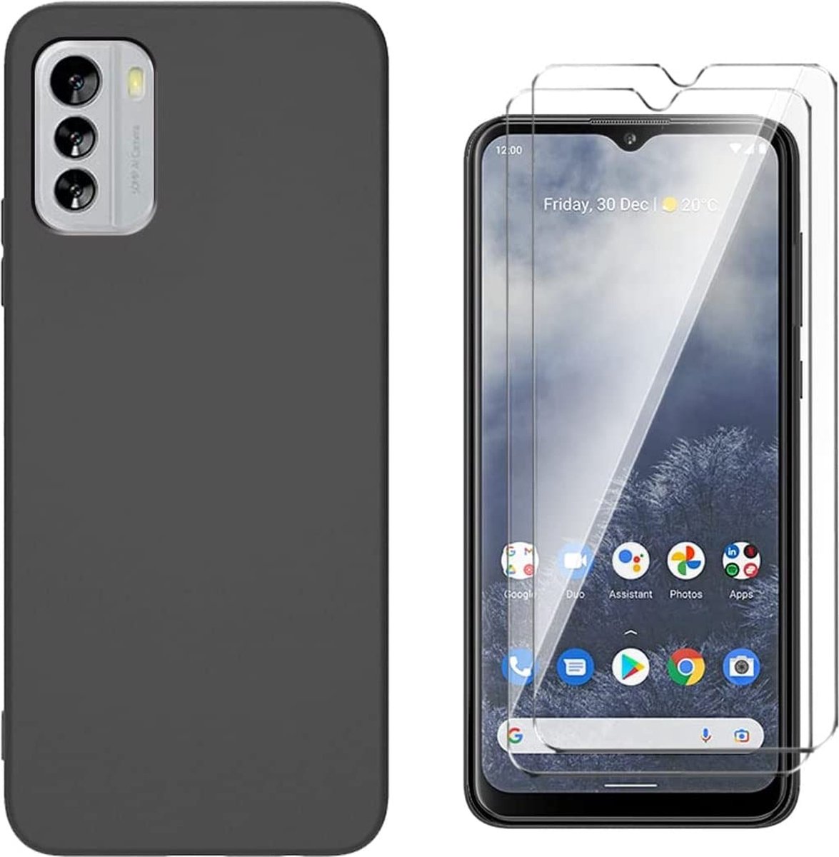 Casemania Hoesje Geschikt voor Nokia G60 5G Zwart & 2X Glazen Screenprotector - Siliconen Back Cover