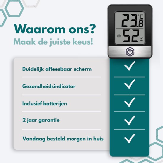 Zwarte digitale thermometer met temperatuur 23.8°C en luchtvochtigheid 52%. Redenen om te kopen: Afleesbaar scherm, Gezondheidsindicator, Batterijen, Garantie.