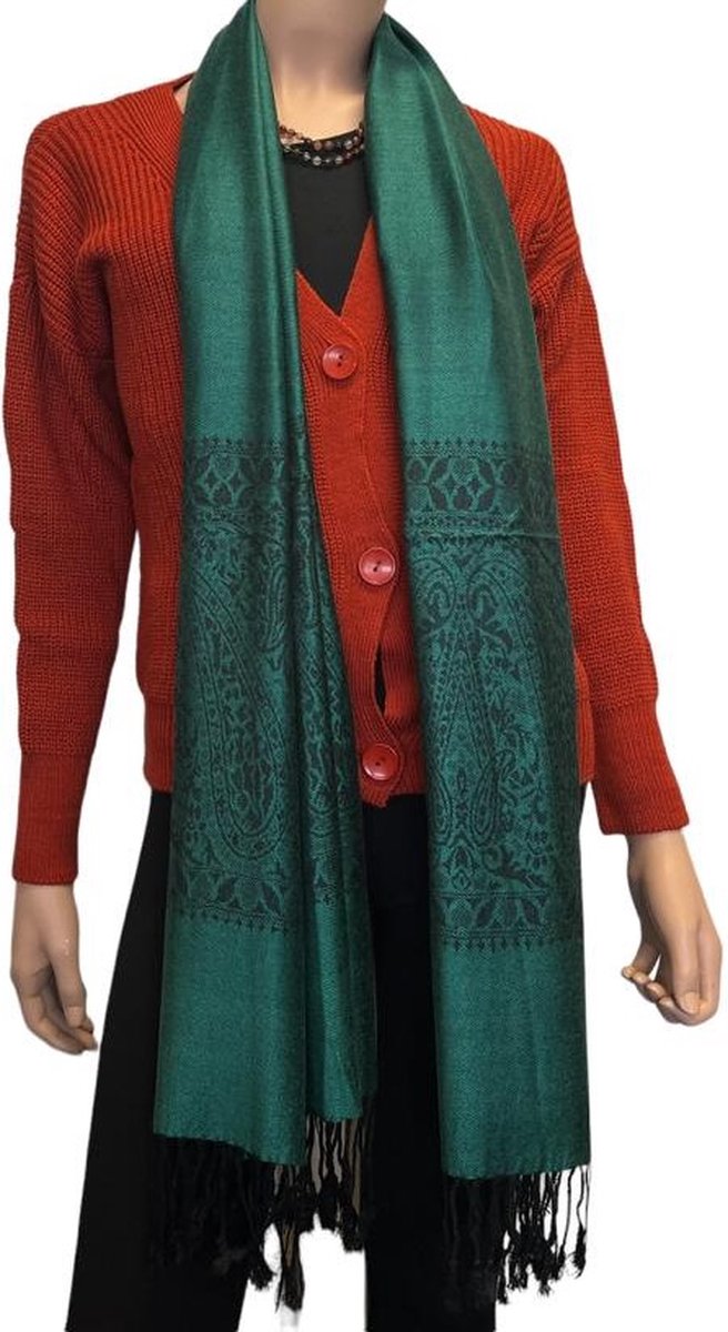 Sjaal- Pashmina Sjaal- Fijn geweven trendy Sjaal- Tweezijdige omslagdoek 217/4- Groen met zwart details
