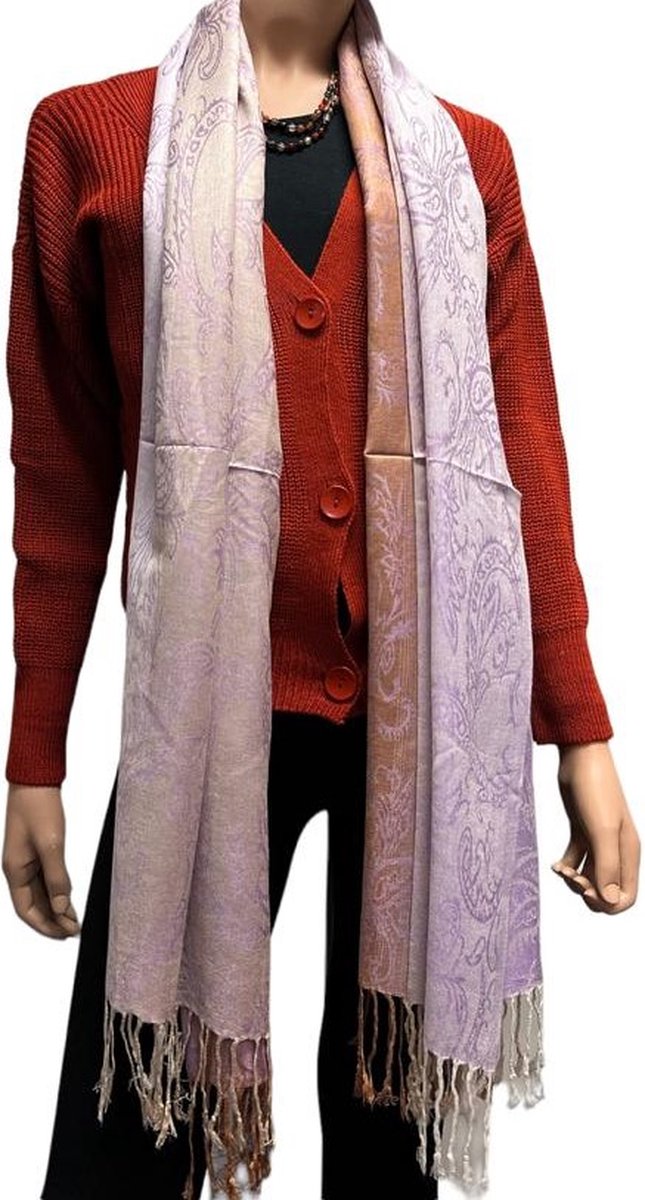 Sjaal- Pashmina Sjaal- Fijn geweven trendy Sjaal- Tweezijdige omslagdoek 212/14- Lila met grijs,bruin details
