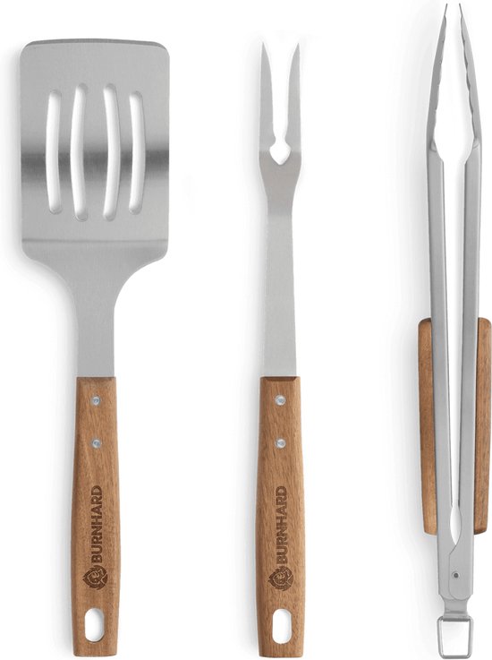 WildeGrillerei Barbecue Bestekset 4-delig uit roestvrij staal Barbecue-set 42 cm met houten handgrepen en ophangogen Grillaccessoires bestaande uit grilltang, grillborstel, grillspatels en vleesvork