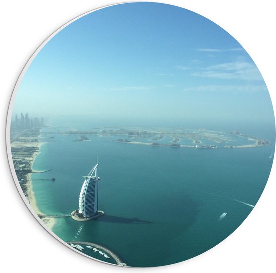 WallClassics - PVC Schuimplaat Muurcirkel - Luchtfoto van de Kustlijn van Dubai - 20x20 cm Foto op Muurcirkel (met ophangsysteem)