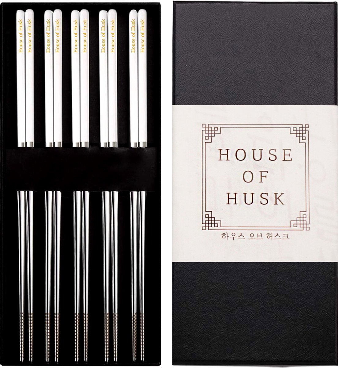 House of Husk Duo Chopsticks Set - Koreaanse Eetstokjes - Vaatwasserbestendig - RVS - 5 Paar - Wit Zilver - House of Husk