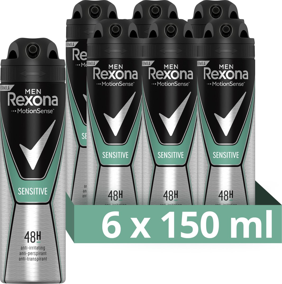 Rexona Men Sensitive Anti-transpirant Spray - 6 x 150 ml - Voordeelverpakking - Rexona