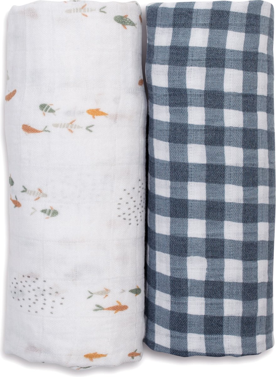 Lulujo swaddle 100x100 2-pack - Fish & Navy Gingham