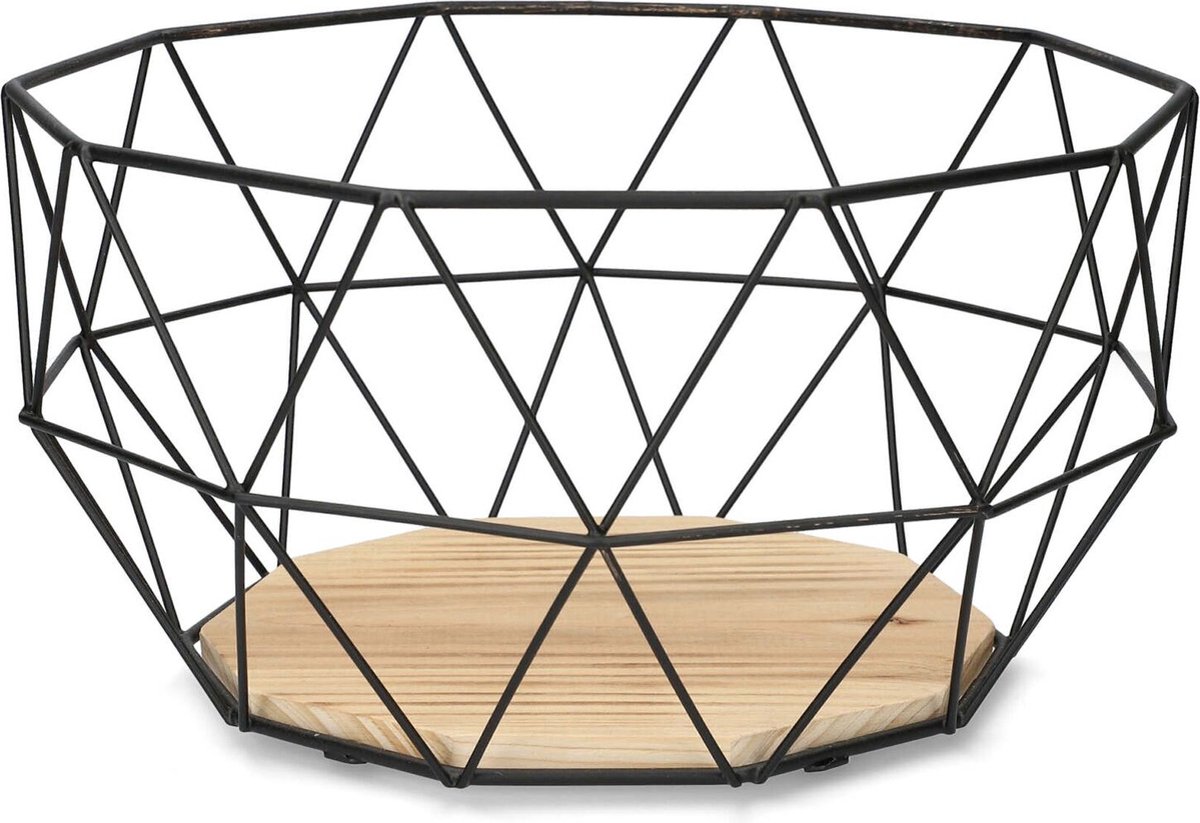 HOMLA Eyja metalen fruitmand - draadmand voor fruit en groenten brood eten - geometrisch ontwerp - gemaakt van metaal en 30 hout zwart