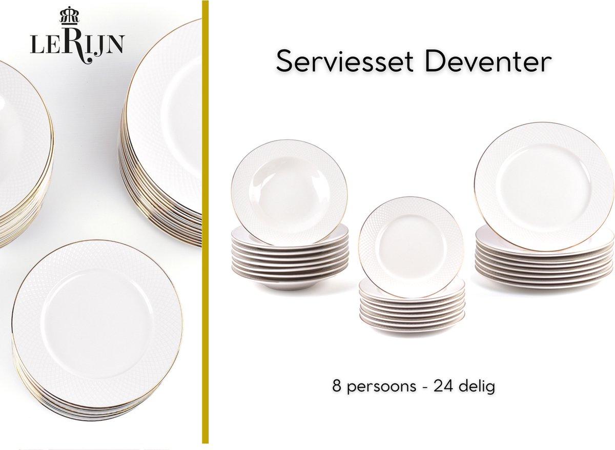 LeRijn® Serviesset Deventer 8 persoons - 24 delig - Licht crème wit met gouden rand en motief - Dinerborden - Soepborden - Dessertborden - Borden servies - Bordenset