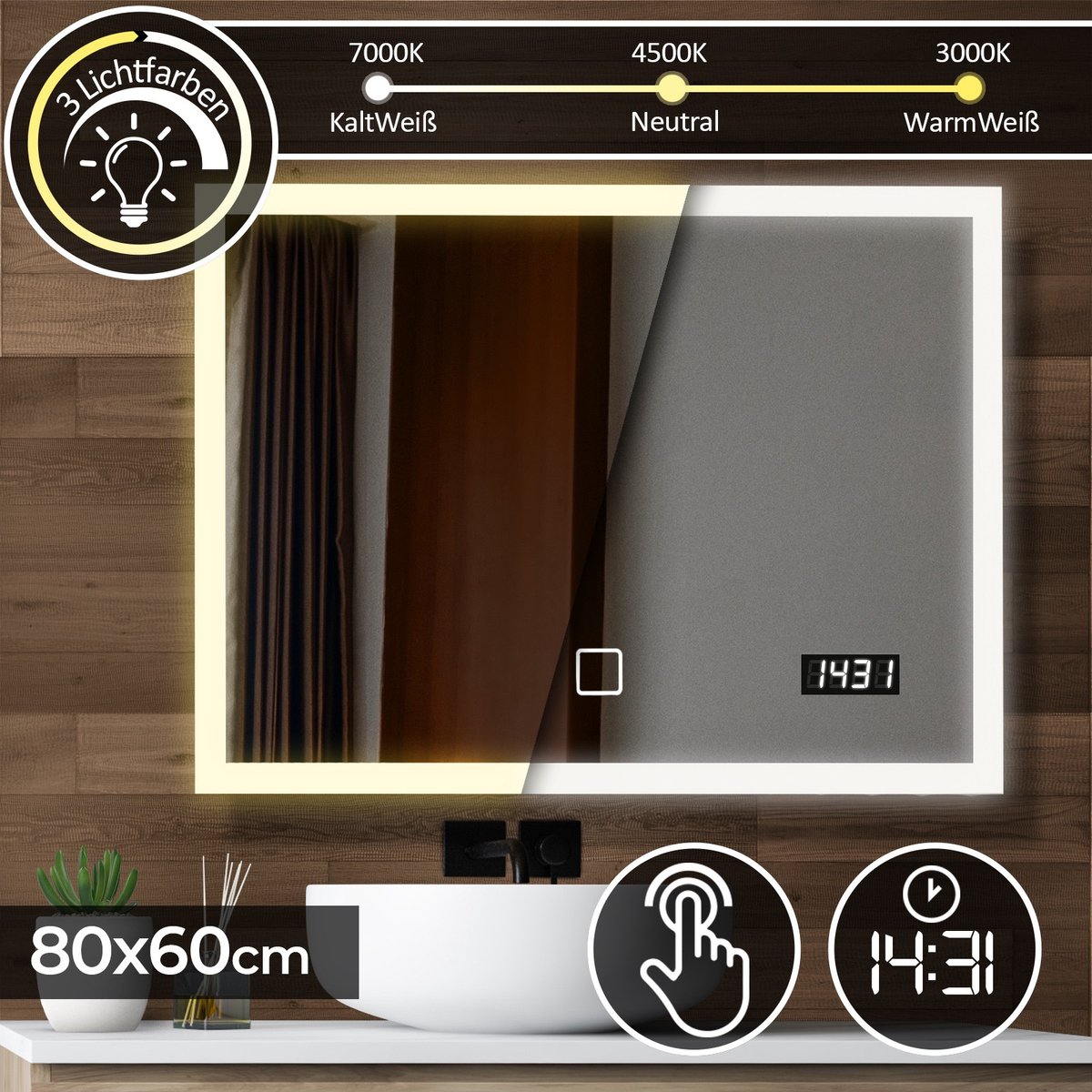 Aquamarin - LED Spiegel - Digitale Klok - Touchscreen - Dimbaar - 80 x 60 CM