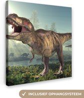 Canvas schilderij dino - Kinderkamer decoratie - Dinosaurus - Landschap - Natuur - Dieren - Canvas doek kinderen - Kids - Muurdecoratie - 50x50 cm