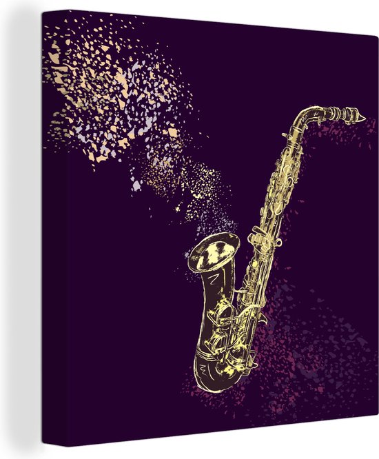 Canvas Schilderij Illustratie van een gouden saxofoon op een paarse achtergrond - 50x50 cm - Wanddecoratie