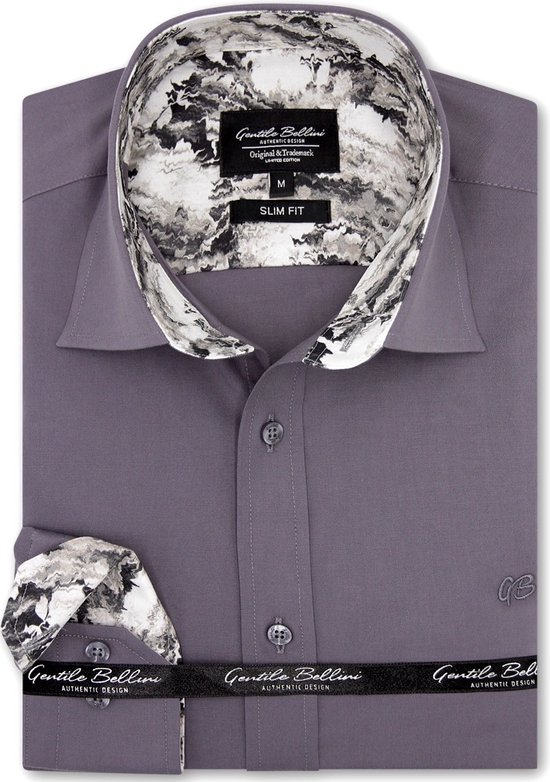 Heren Overhemd - Slim Fit - Paisley Contrastbeleg - Grijs - Maat L