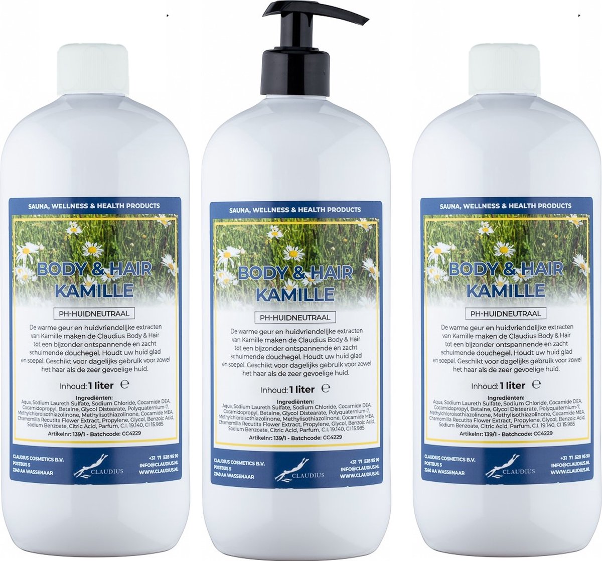 Goedkoopste Body & Hair Kamille - 1 liter - set van 3 stuks - met gratis pomp - 2 in 1 voor lichaam en haar.
