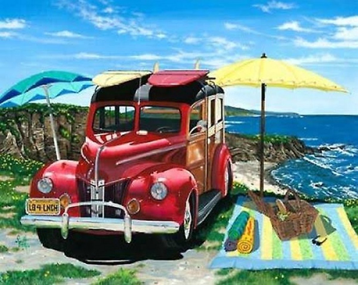 Denza - Diamond painting oldtimer uniek 40 x 50 cm volledige bedrukking ronde steentjes direct leverbaar. -oude auto - car - old - zee