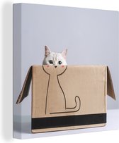 Canvas Schilderij Kat in kartonnen doos met daarop getekend lichaam van kat - 50x50 cm - Wanddecoratie