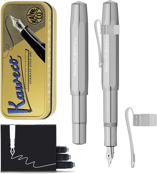 Coffret cadeau Kaweco - Stylo plume - Clip octogonal nostalgique CHROME - ALUMINIUM SPORT - Vernis Sport aluminium Raw - EXTRA LARGE - Étain Vintage - Recharges de boîte Extra