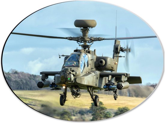 WallClassics - Dibond Ovaal - Legerhelikopter landend in Landschap - 40x30 cm Foto op Ovaal (Met Ophangsysteem)