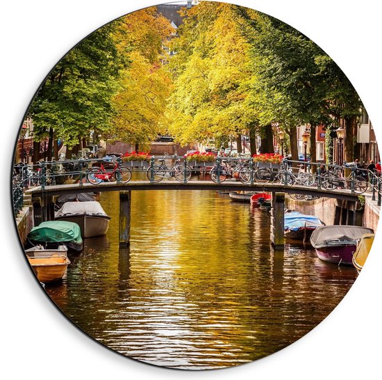 WallClassics - Cercle mural Dibond - Canaux d'Amsterdam avec bateaux - Photo 40x40 cm sur cercle mural en aluminium (avec système de suspension)