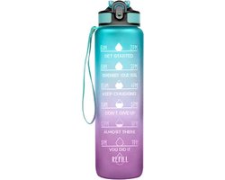 Mundo Drinkfles - 1 Liter - Waterfles - Lekvrij - Sport Bidon - Met Rietje - Met Motivatie Tekst - Groen Roze - Bekend van TikTok en Instagram