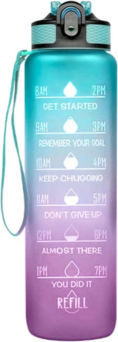 Mundo Drinkfles - 1 Liter - Waterfles - Lekvrij - Sport Bidon - Met Rietje - Met Motivatie Tekst - Groen Roze - Bekend van TikTok en Instagram