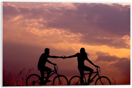 WallClassics - PVC Schuimplaat - Silhouet van Hand in Hand Fietsend Koppel - 60x40 cm Foto op PVC Schuimplaat (Met Ophangsysteem)