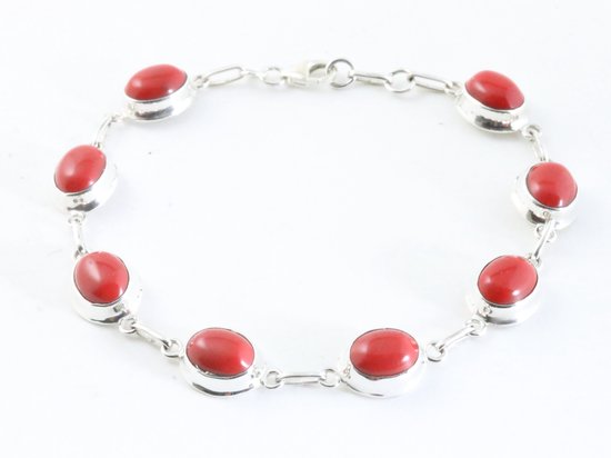 Hoogglans zilveren armband met rode koraal steen