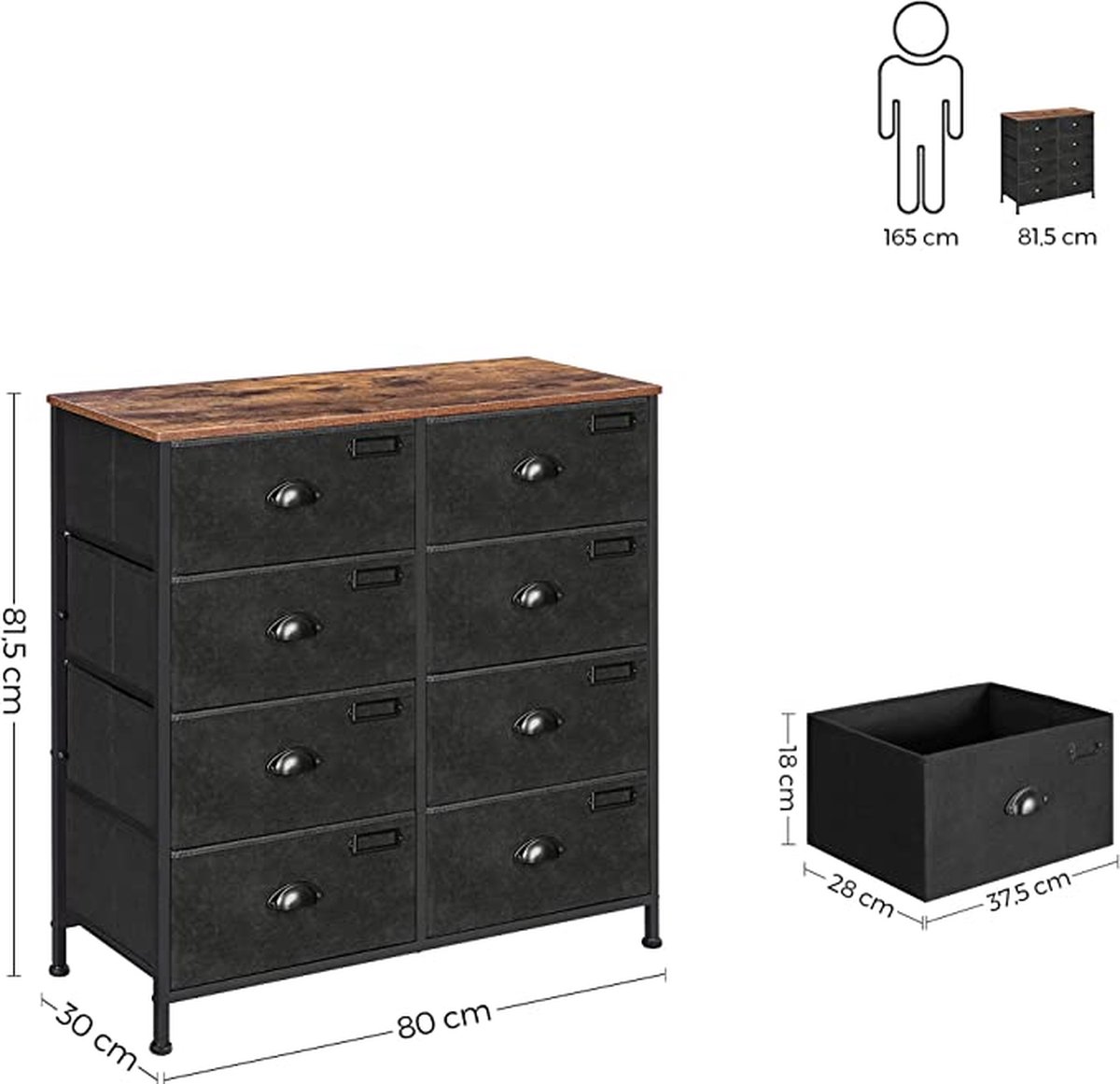 SONGMICS Commode, kast, met 8 laden, metalen frame, oppervlak met ...