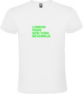 Wit T-shirt 'LONDON, PARIS, NEW YORK, BEVERWIJK' Groen Maat XS
