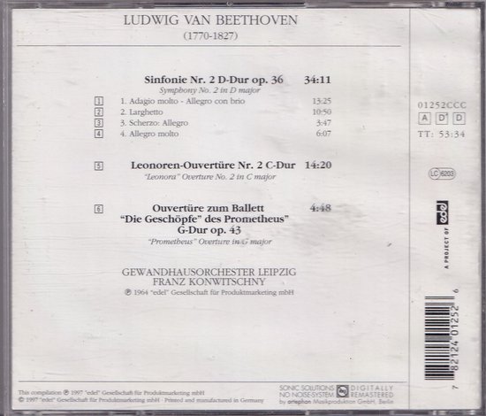 Achterzijde cd-hoes met de tracklijst van Beethoven's Symfonie nr. 2 en ouvertures door het Gewandhausorchester Leipzig.