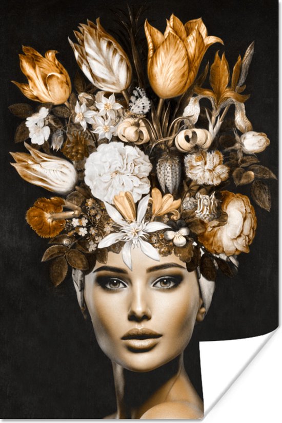 Poster Vrouw - bloemen - goud - 20x30 cm