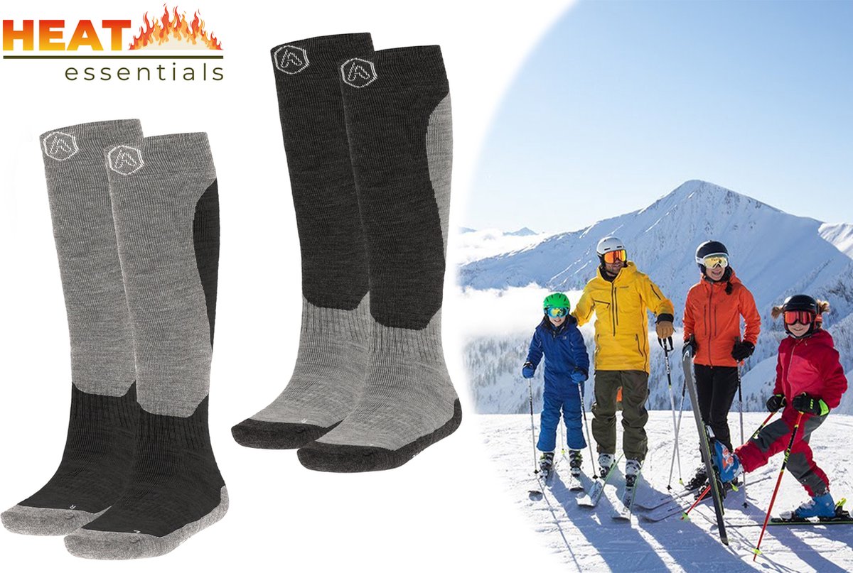 Heat Essentials Ski Sokken 43 46 – 2 Paar Unisex Extra Ondersteuning en Demping Warme Sokken met Wol Skisokken Heren Skisokken Dames Wintersport Sokken Huissokken Compressie sokken Grijs