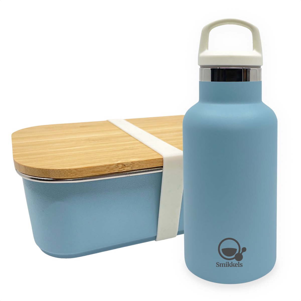 Smikkels - Set RVS lunchbox met thermos drinkfles - Blauw - Duurzaam - Fles 350ml met afsluitdop en rietjesdop - broodtrommel 900ml met bamboe deksel en elastiek - thermosfles - kind