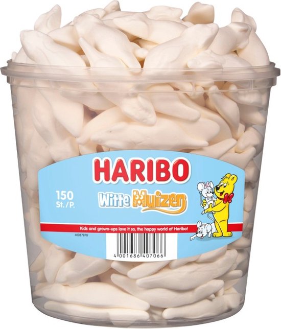 Grote doorzichtige pot vol Haribo Witte Muizen snoepjes. Label met Haribo logo en tekst.