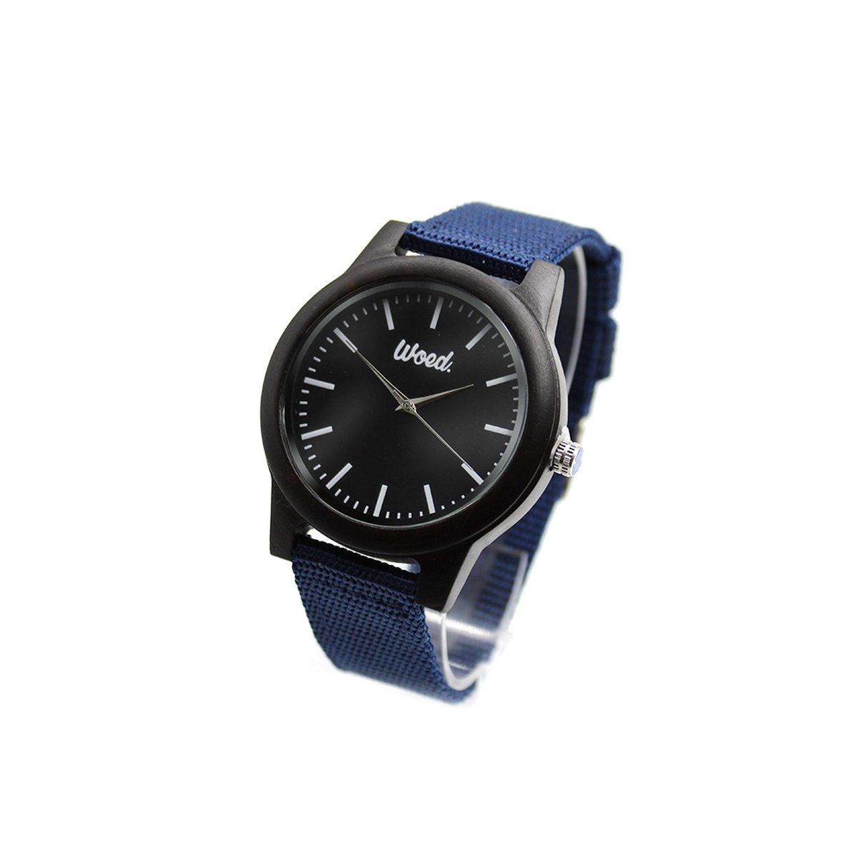 Woed | Recon - Houten horloge heren - 44 mm - Quertz - Premium - Canvas bandje - Blauw - Zwart