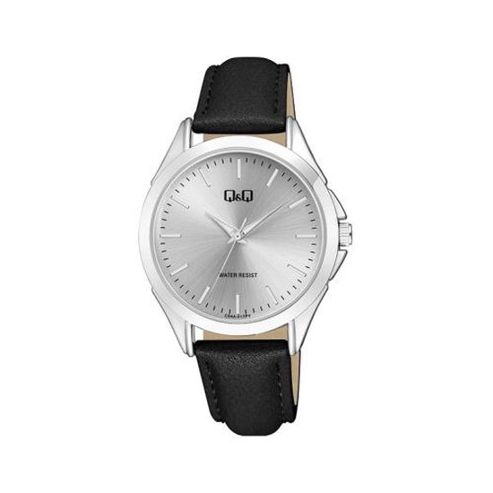 Q&Q C04A-017PY - Horloge - Analoog - Unisex - Leren band - Rond - Metaal - Streepjes - Zwart - Zilverkleurig