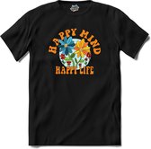 Flower Power - Happy Mind Happy Life - Vintage Aesthetic - T-Shirt - Meisjes - Zwart - Maat 12 jaar