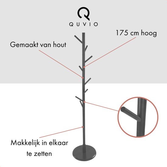 QUVIO Porte-manteau sur pied - Porte-manteau - Cintres - Patère - Bois - 35 x 35 x 175 cm (lxlxh) - Zwart