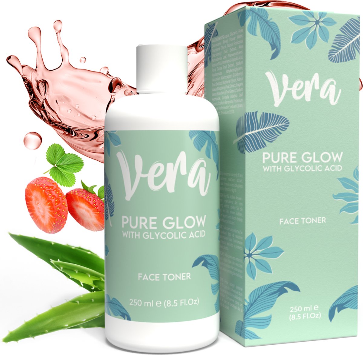 Vera Pure Glow Glycolic Acid Toner met Aloe Vera en Rozenwater - Exfoliant met Bio Peeling Effect voor dagelijkse Skin Care Routine
