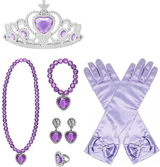 Het Betere Merk - Speelgoed meisjes - Lila / Paarse prinsessenhandschoenen - Tiara / Kroon - Juwelen - voor bij je prinsessenjurk - prinsessen speelgoed voor bij je verkleedjurk
