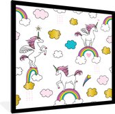 Image encadrée - Une illustration de licornes sur cadre photo arc-en-ciel noir 40x40 cm - Affiche encadrée (Décoration murale salon / chambre)