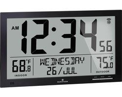 Marathon- Denver- Klok- Weergave van de binnen- en buitentemperatuur- Radiogestuurde tijd en kalender- Grote cijfers voor een optimale leesbaarheid- Geleverd met thermosensor- Zwart- Proudly Canadian