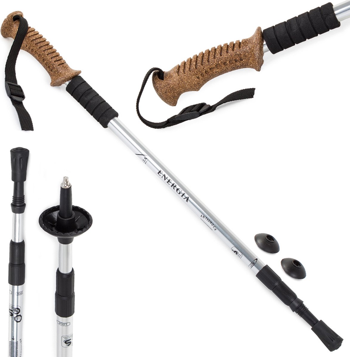 2 Stuks Nordic Walking Wandelstokken Telescopisch - Kurken Handgreep - Antishock - Maximale lengte 135 cm - Ingeklapt 64 cm - Grijs