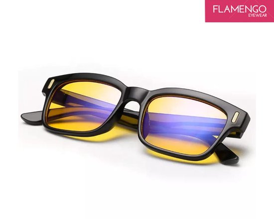 FLAMENGO Night Vision Bril - Nachtbril Auto –Autobril– Polarisende Nachtbril - Nachtblind – Gele Bril voor Autorijden - Oogbescherming Computer Gamen- geschikt voor dames/heren – Stijlvol Design – Lichtgewicht Compact - Zwart - incl. brillenzakje