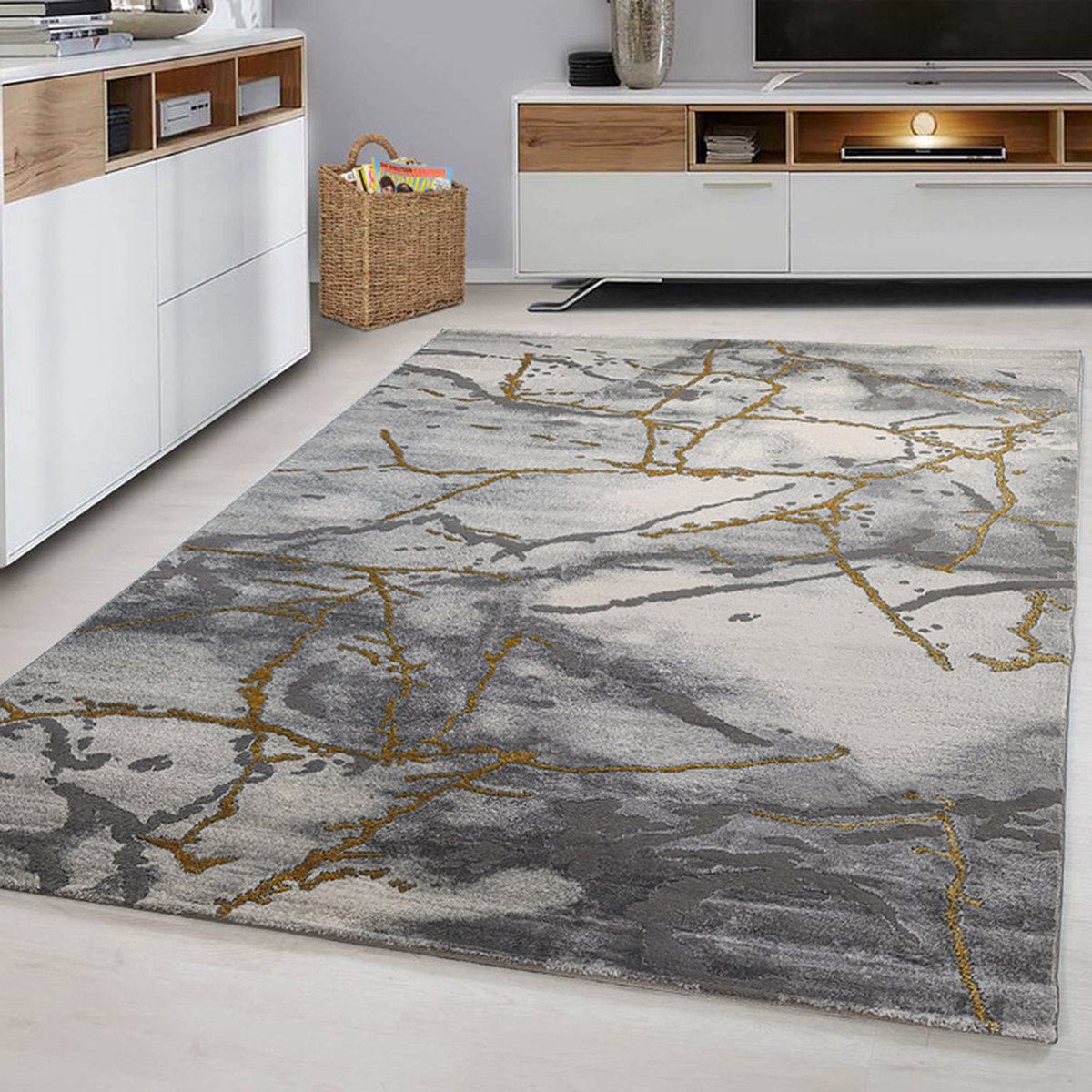 flycarpets Alba Marmer Vloerkleed Goud / Grijs - Laagpolig Tapijt Woonkamer - 240x330 cm