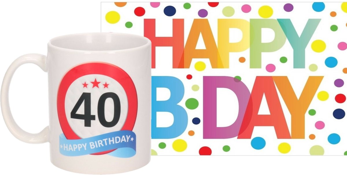 Verjaardag cadeau mok/beker 40 jaar print 300 ml + A5-size wenskaart Happy Birthday