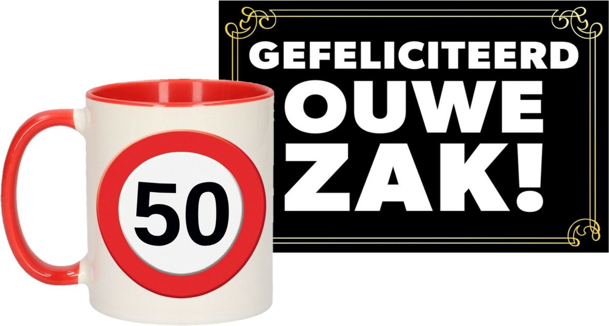 Verjaardag cadeau mok/beker 50 jaar print 300 ml + A5-size wenskaart ouwe zak