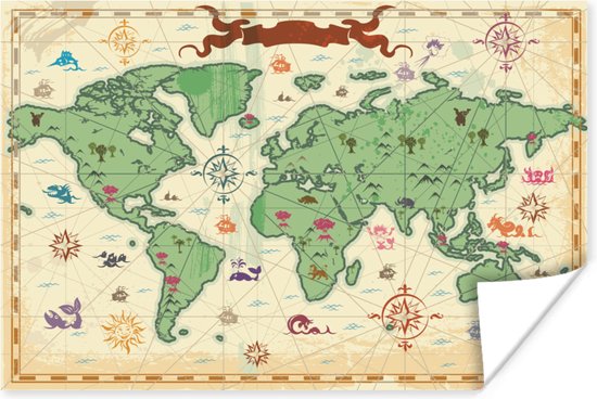 Wereldkaart - Enfants - Pirates - Vintage - 30x20 cm - Affiche