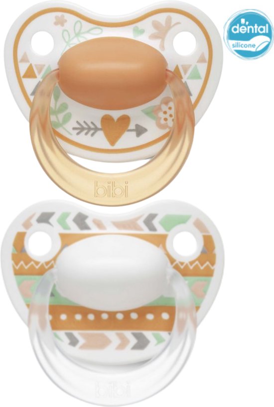 Product: Bibi Happiness Bohemian Duo Dental Fopspeen 16 maanden plus Oranje, Wit, van het merk Bibi