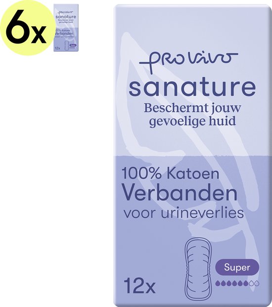 Sanature Pro Vivo 100% katoenen - Incontinentie verband Super - 6 x 12 stuks - Natuurlijk & voor de gevoelige huid